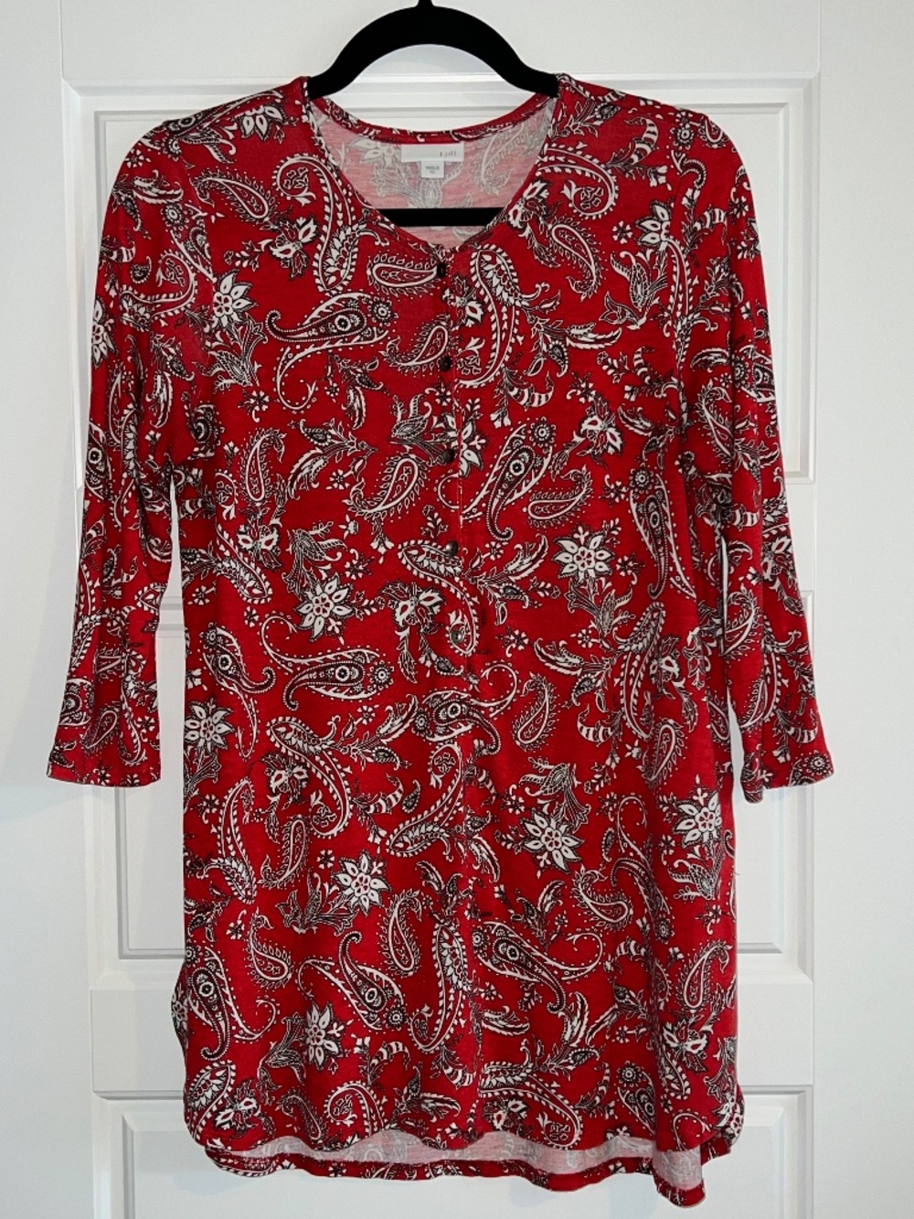 J. Jill Red & White Paisley Henley V-Neck Tunic Blouse Top 3/4 Sleeve Size XS